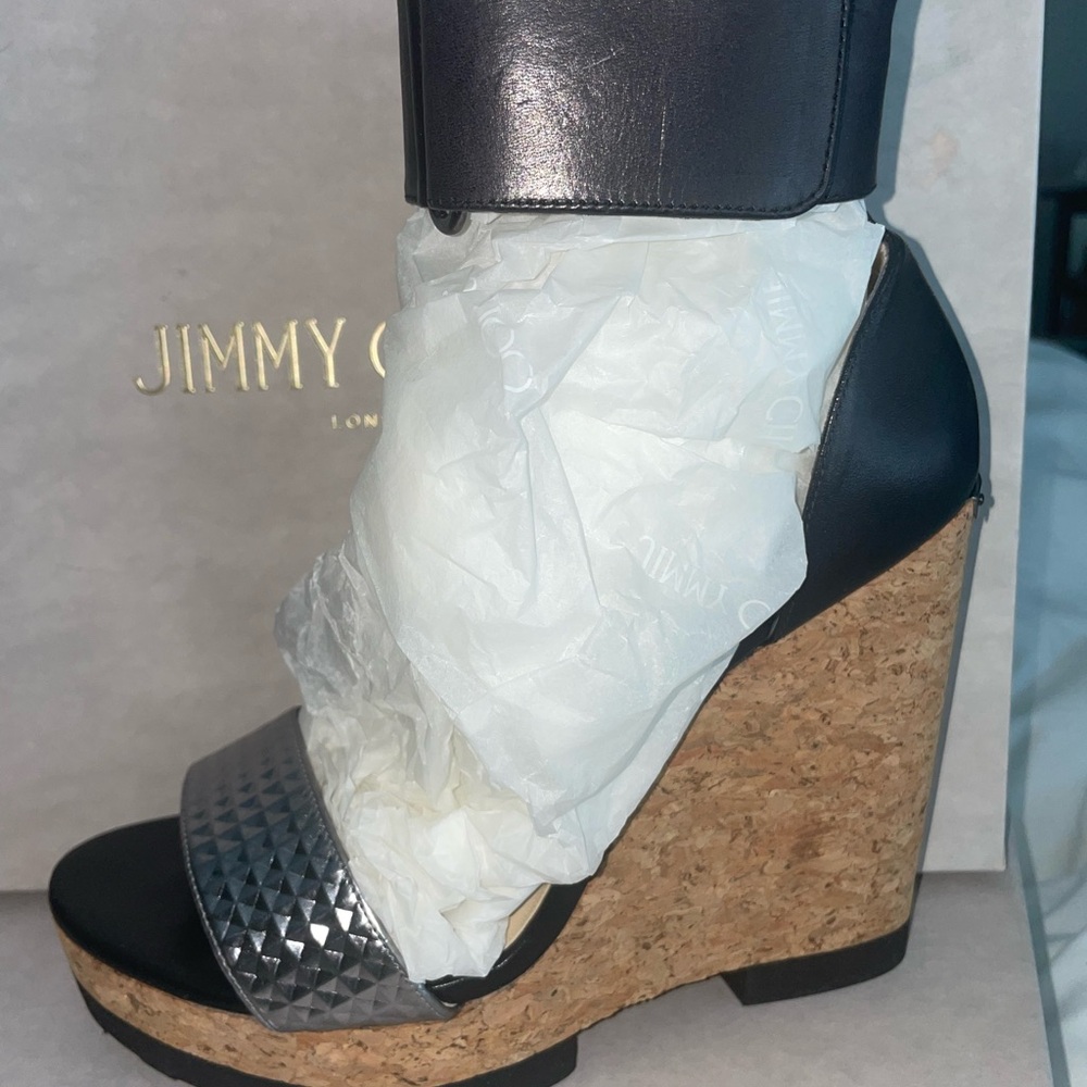 JIMMY CHOO NESTON CORK WEDGE SANDALS Steel & BLACK LEATHER Preloved Auth SZ38.5